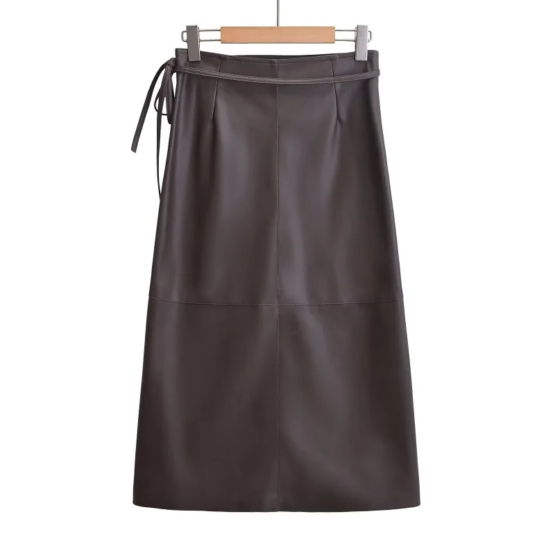 TRAF ZR Smooth Skirt for Women England Style Midi Leather Skirt Luxury Elegant Women's Skirts Evangelical Women's Skirts