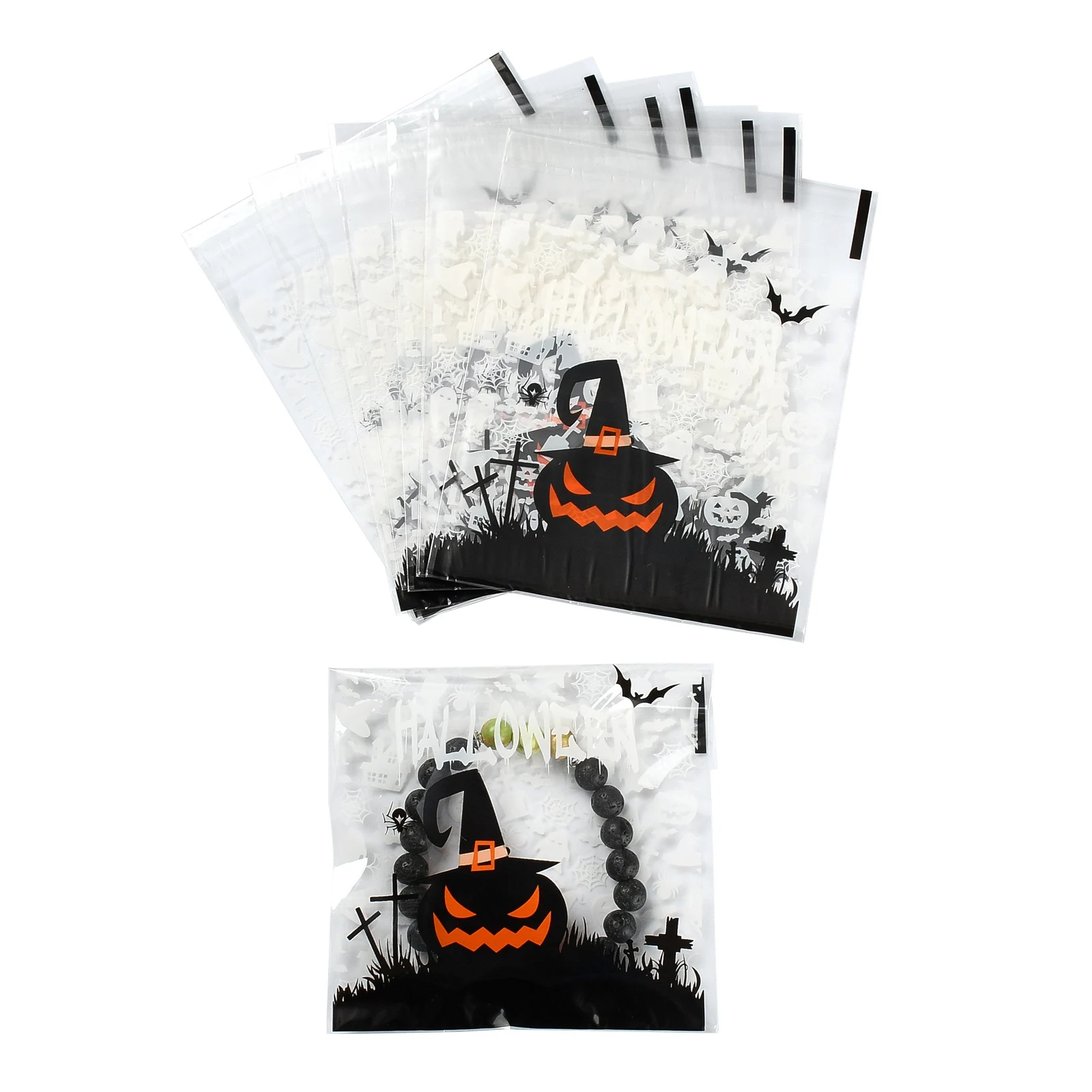 Halloween Plastic Cellophane Bags Mixed Pattern DIY Candy Snack Packing Storage Pouch Gift Party Jewelry Bag about 95~100pcs/bag