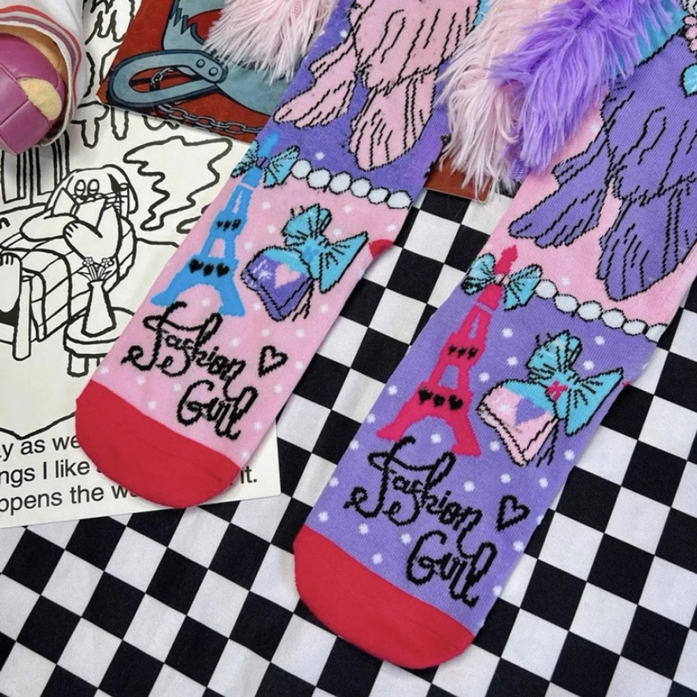 فكرة هدية عيد الميلاد: جوارب ممتعة بطبعة حيوانات للنساء، جوارب لطيفة مع جوارب طويلة للركبة بفيونكة وردية #2