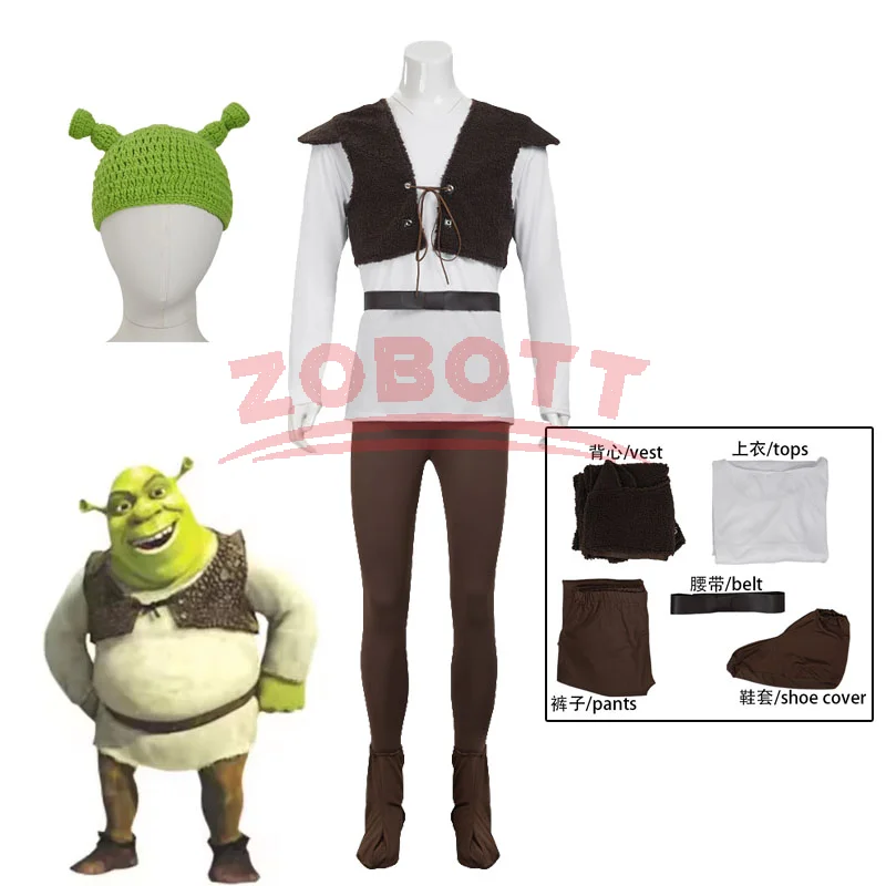 

Костюмы для косплея Monster Shrek, зеленая шляпа, топ Шрек, кожаный жилет, брюки для мужчин, карнавальные наряды для косплея
