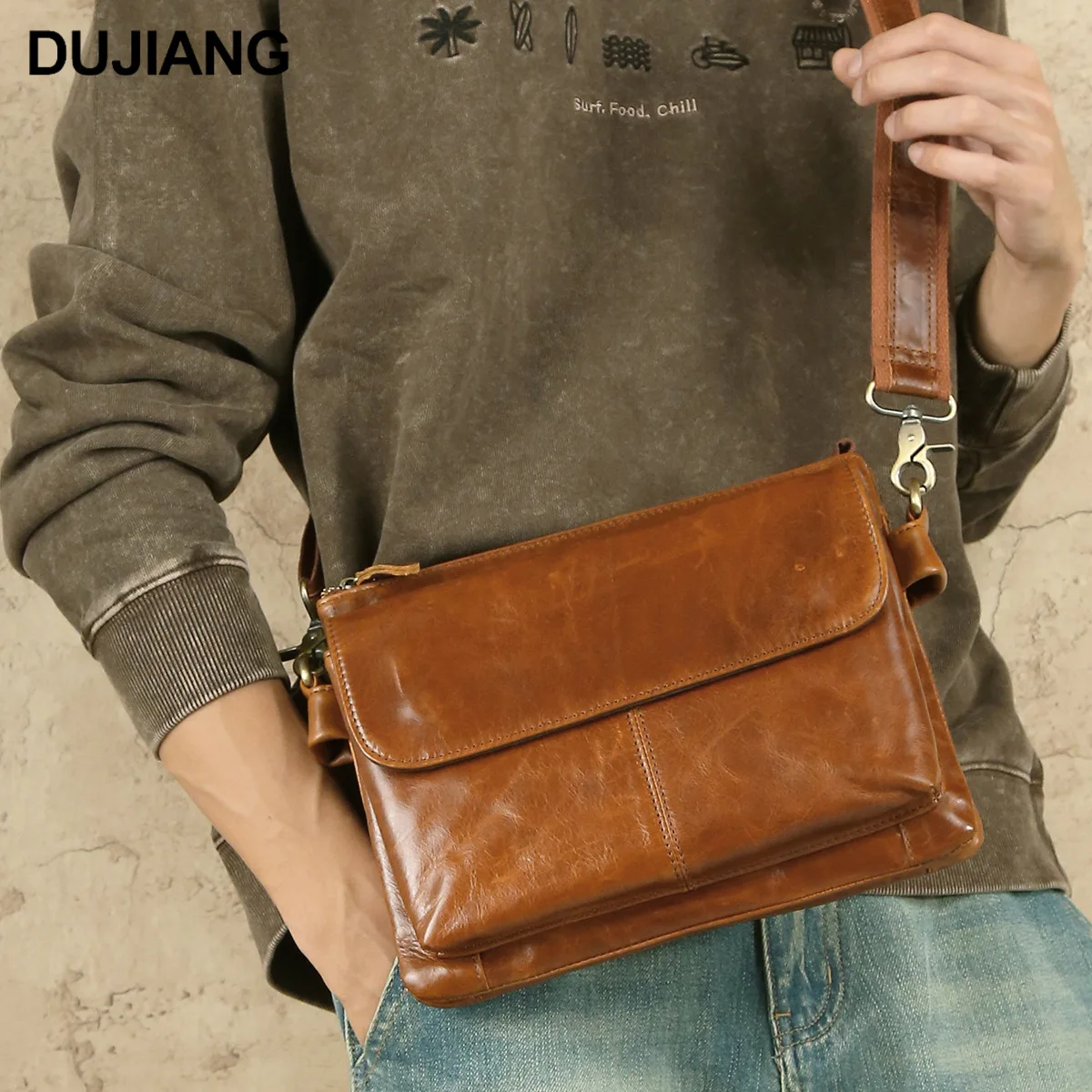 High-end men's shoulder bag made of genuine leather, horizontal square flap, lightweight travel and business crossbody bag