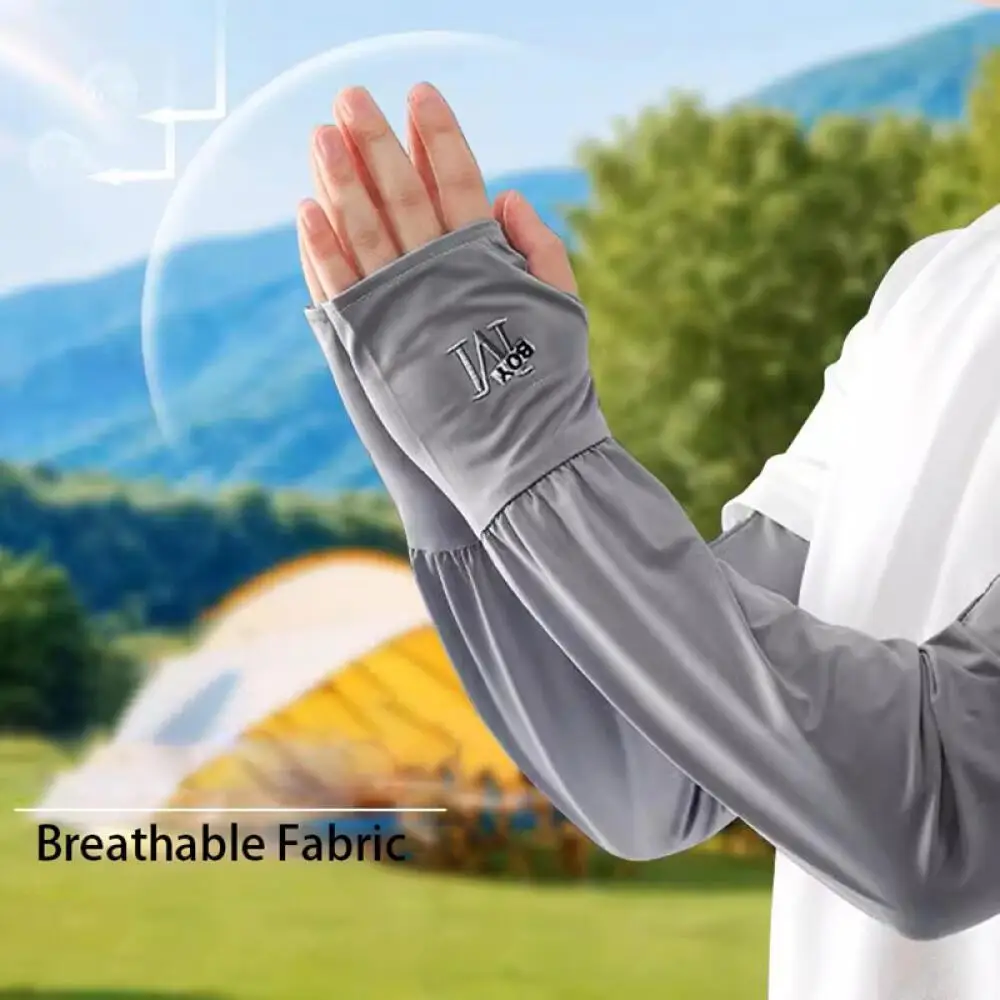 Loose-fit cooling arm sleeves with finger holes, embroidered logo, ice silk breathable arm sleeves for driving and cycling