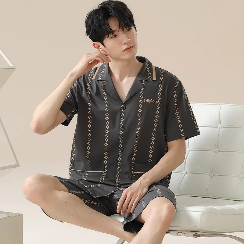 

Pajamas Men 100% Cotton Short-Sleeved Two-Piece Suit Korean Version of the Loose Large Size Men Home Clothing with Letters