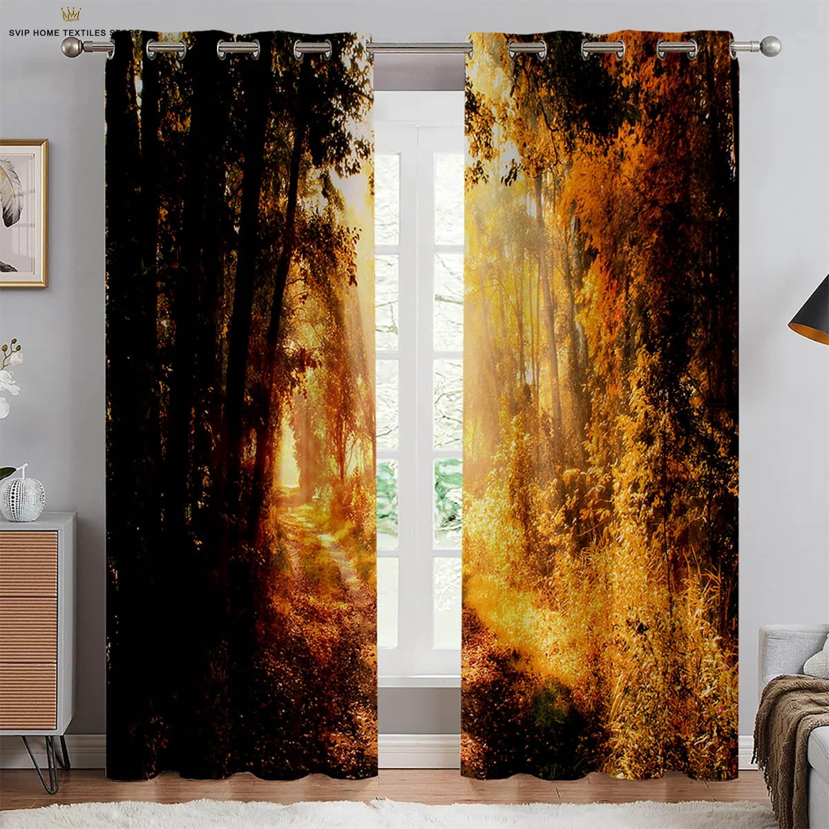 Autumn Forest Scenery Curtains, 3D Printed Curtains, Pastoral Style, Polyester Fiber, Bedroom, Living Room Decoration, 2 Pcs