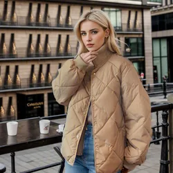 YJKDYK 2024 Women's Cotton Jacket Female Diamond Grid Fake Two Short Jacket Women's High Collar Warm Casual Parkas Coats