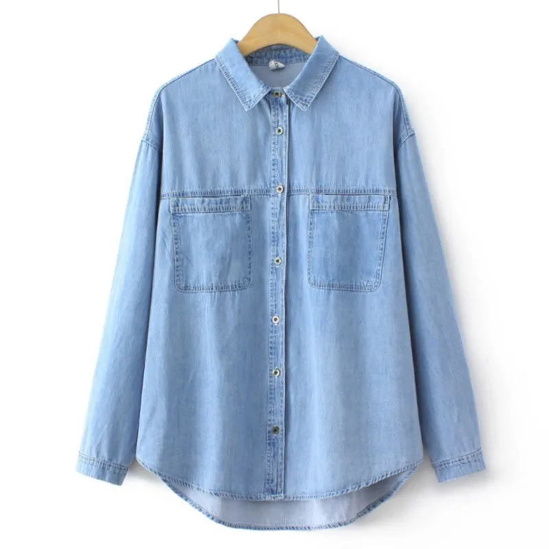 Plus Size Denim Shirt Women 2023 Spring Retro Art Two Pocket Design Blouse Loose Asymmetrical Long Tops Oversized Curve Clothes