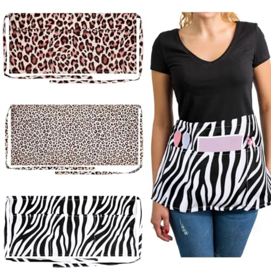 

3 Pcs Waitress Aprons for Server Leopard Zebra Print Half Aprons with 3 Pockets Half Apron with Pockets for Women Teachers Wait
