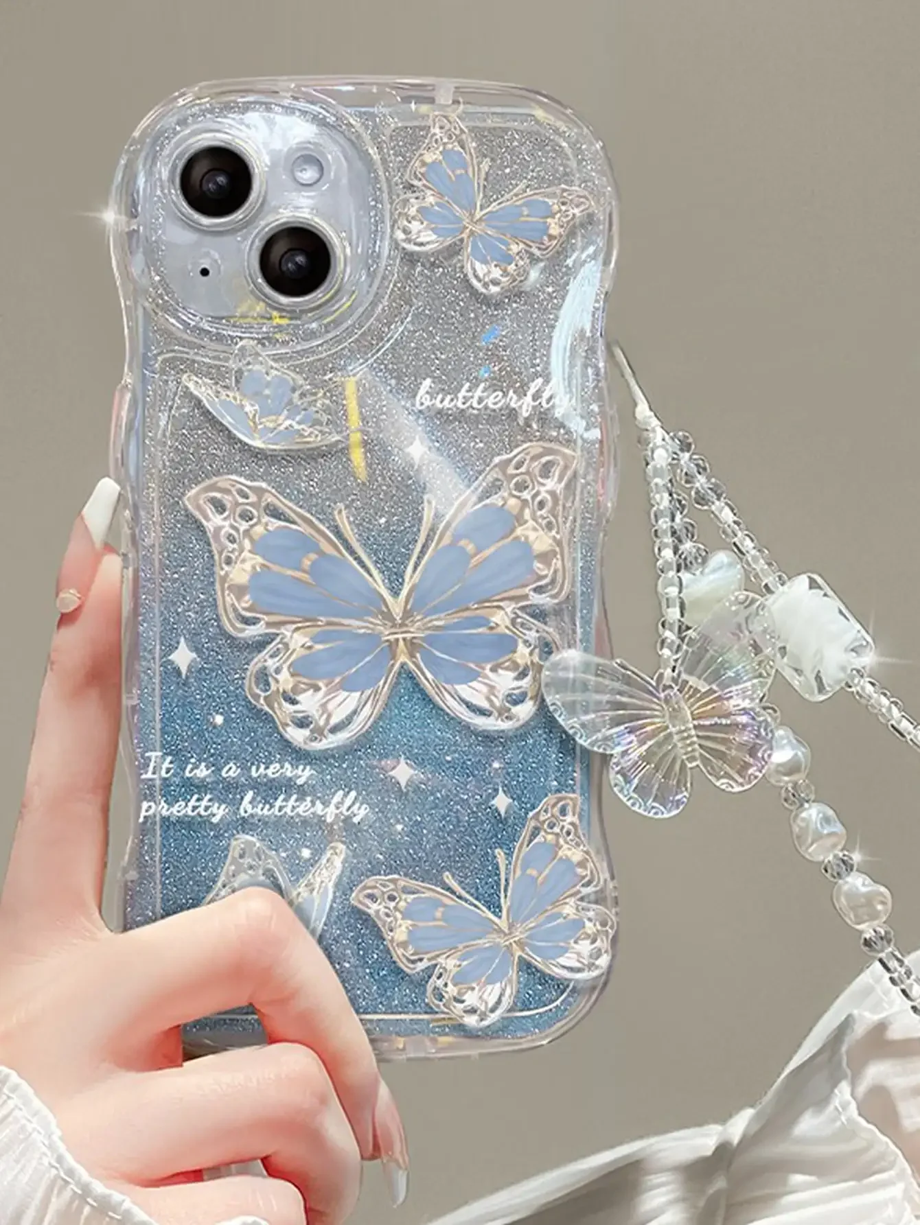 1pc Blue Ombre Glitter Card Holder + Butterfly Bracelet + Blue Anti-Fall Tpu Phone Case Compatible With Iphone Compatible With I