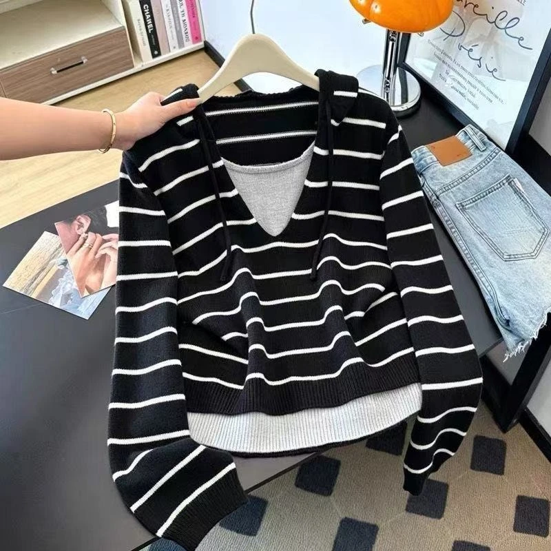 Korean Spliced Fake Two-Piece Hooded Striped Knitted Sweater Autumn Spring Women Exotic  Long Sleeve Hoodies Tops Casual Vintage