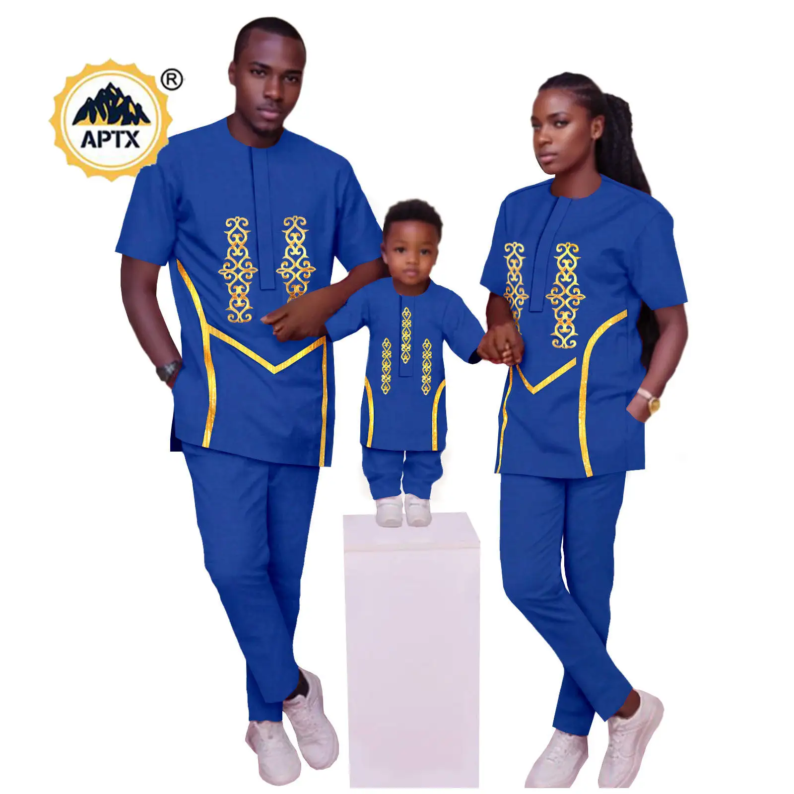 African Family Clothes Bazin Riche Men Appliques Top and Pants Sets Matching Women Kid Shirt and Pant Sets Dashiki Kaftan 24F037