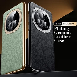 Original Leather Case For HONOR MAGIC 6 Pro Plating Genuine cowhide Lichee Pattern Lens Protection Shockproof Hard Phone Cover