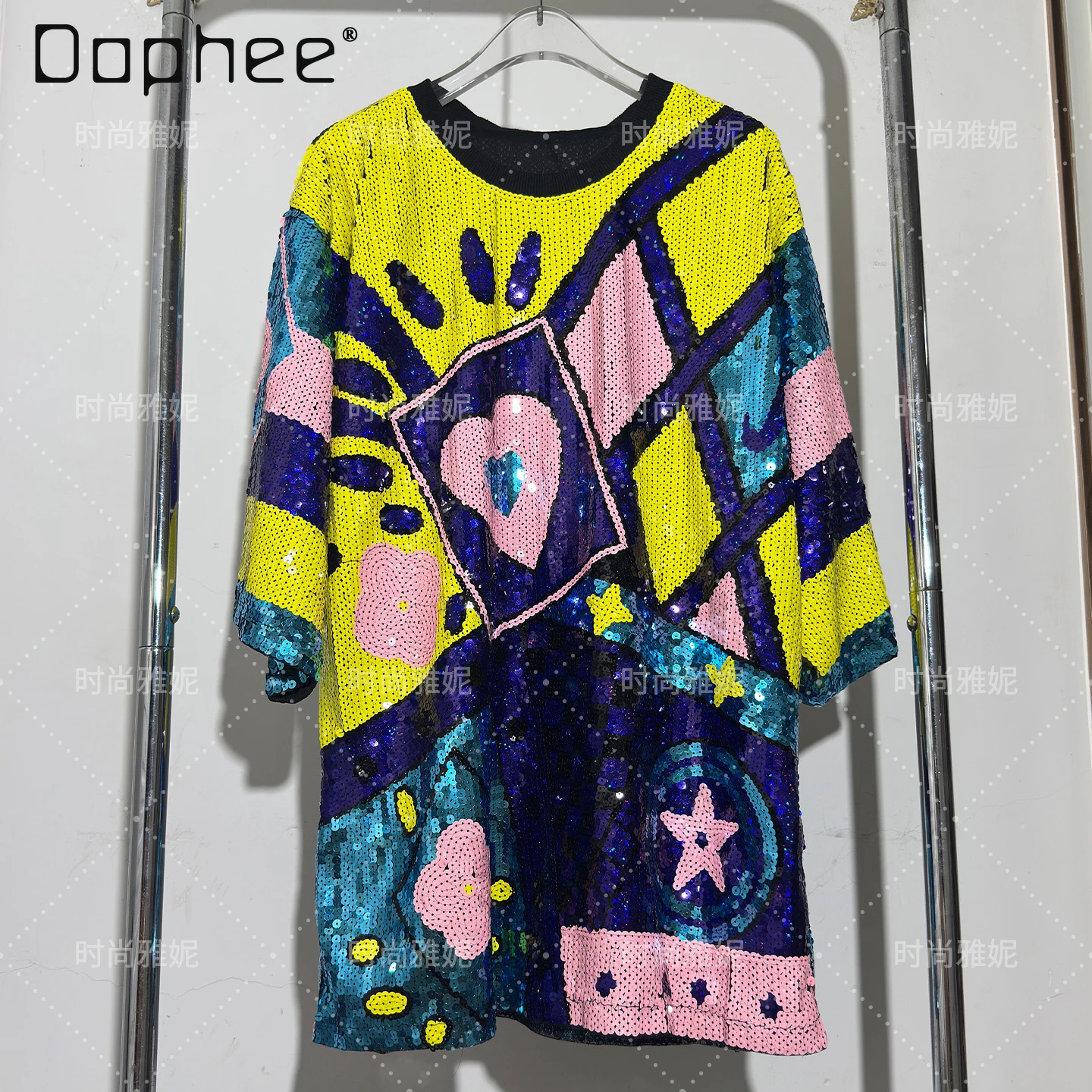 

European Style Trendy Personality Loose Floral Colorful Print Short Sleeve Top Heavy Sequins Loose Mid-Length T-Shirt Women