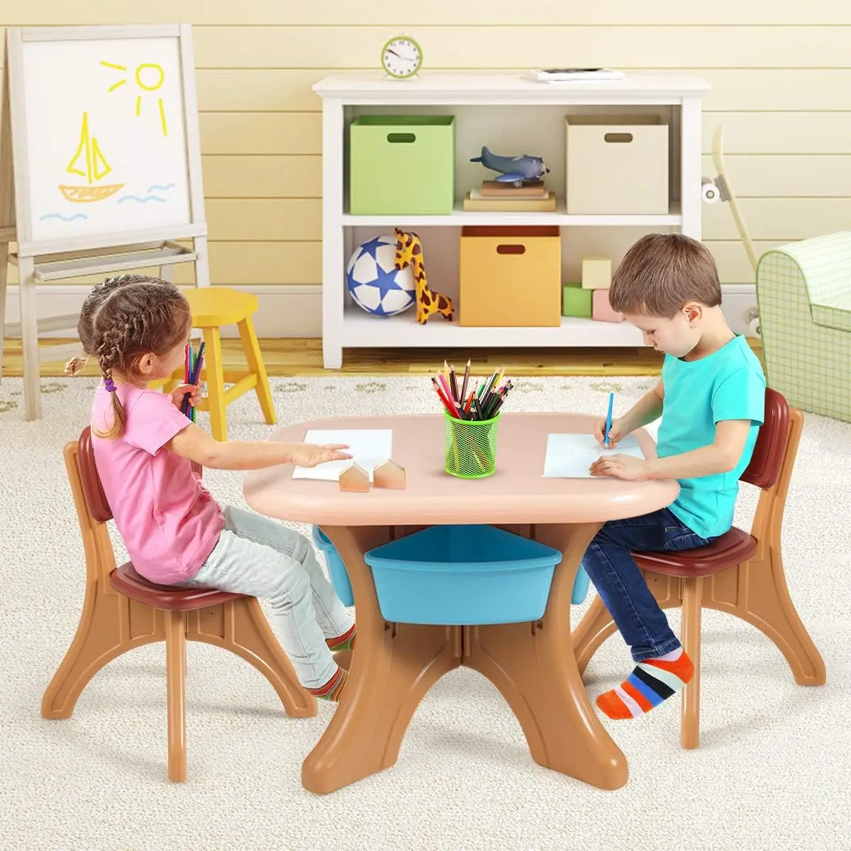 Kids Table and Chair Set, 3 Piece Activity Table w/Detachable Toy Storage Bin & 2 Chairs for Children Reading Art Craft,