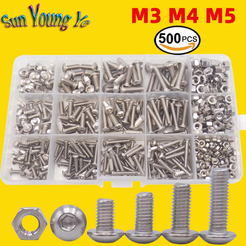 500PCS 304 Stainless Steel Round Head Hexagon Socket M3 M4 M5 Screws Bolts Nuts Wrenchs Box-packed