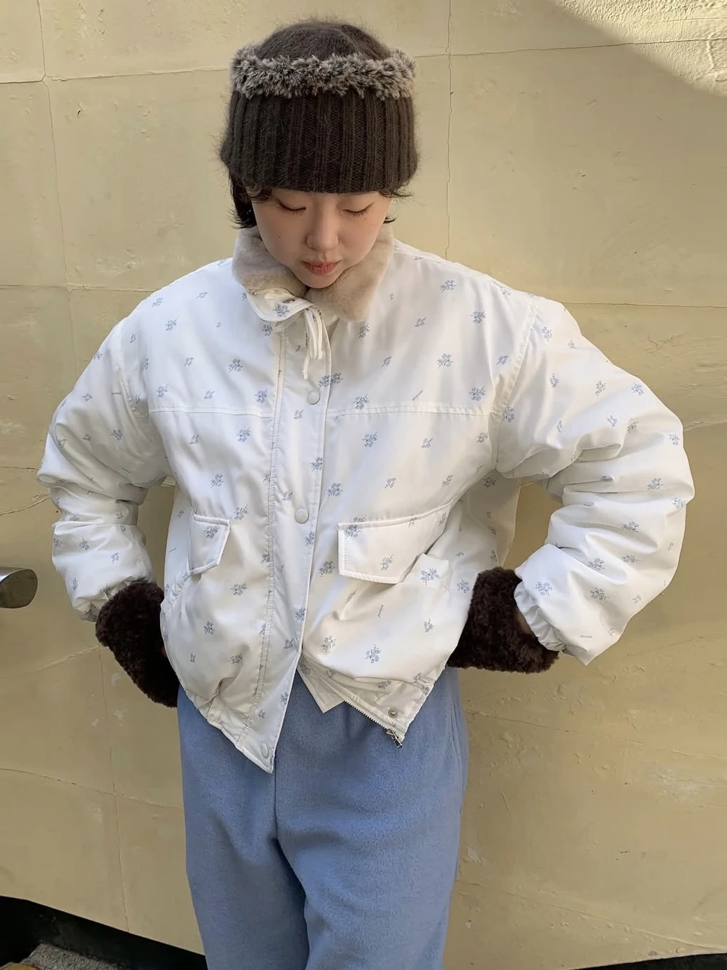 

Korean Sle Sweet Floral Cotton Jaet Women's Winter New Warm Splicing Fur Collar ort Anti-Aging Cotton Coat Outerwear