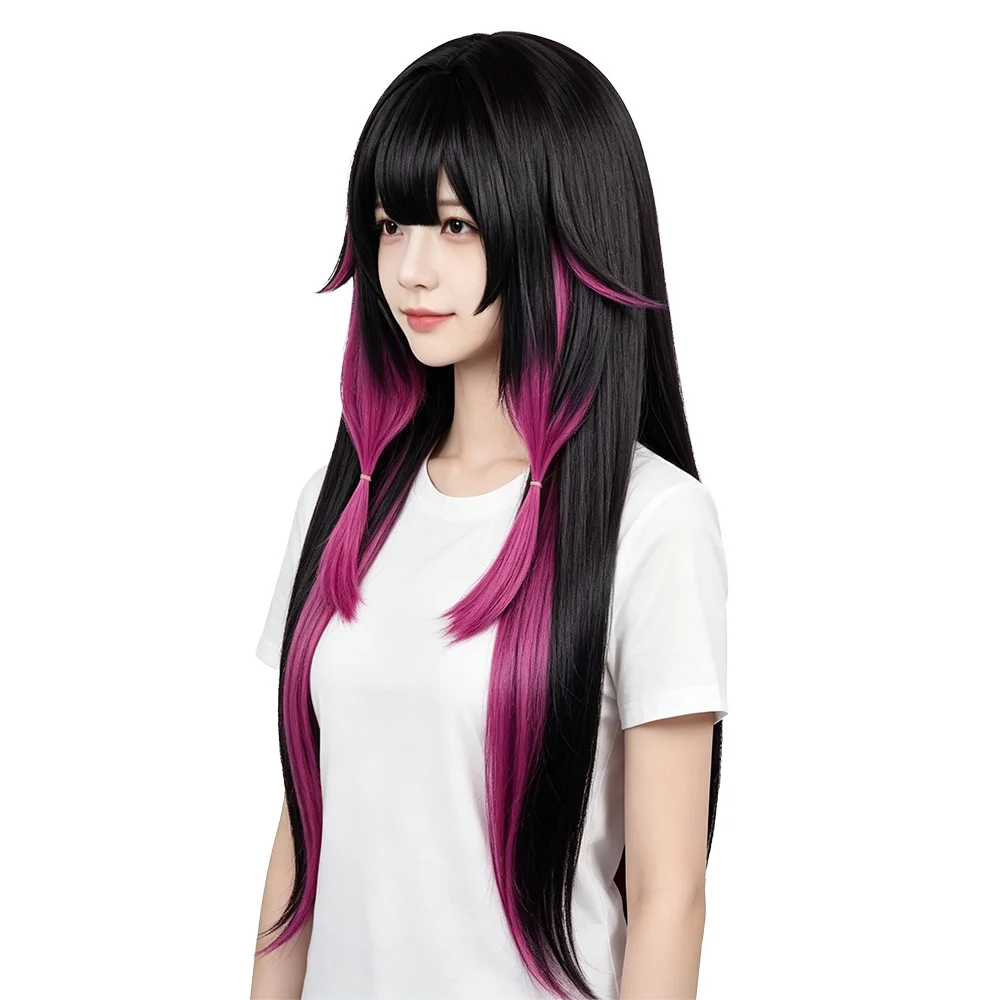 Long Straight Black Rose Pink Gradient Wig With Bangs Heat Resistant Synthetic Natural Hair For Columbina Cosplay Daily Party