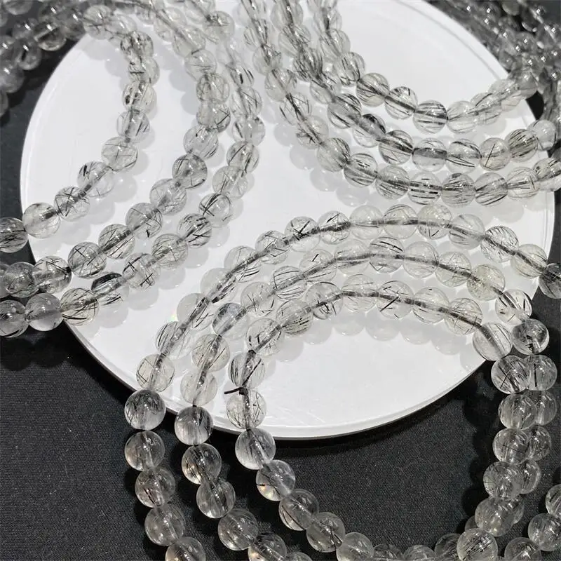 

Natural Black Hair Quartz Bead Triple Circle Bracelet Gemstone Reiki Healing Jewelry Energy Crystal Holiday Gift 1PCS 4/6MM