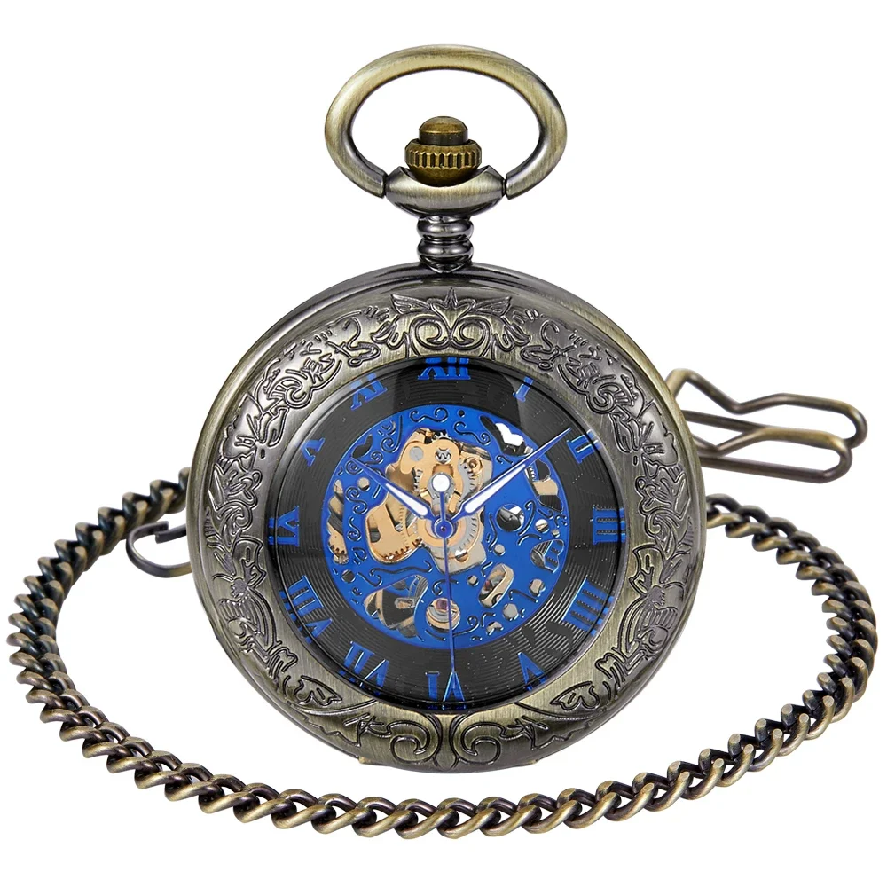 Vintage Roman Numerals Blue Dial Pocket Watches Mechanical Personalised Mens Hand Wind Fob Chain Watches