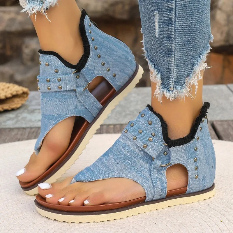 Women\'s Casual Sandals Women  Sandals Back Zipper Open Toe Non Slip Thong Sandals Versatile Roman Style Shoes