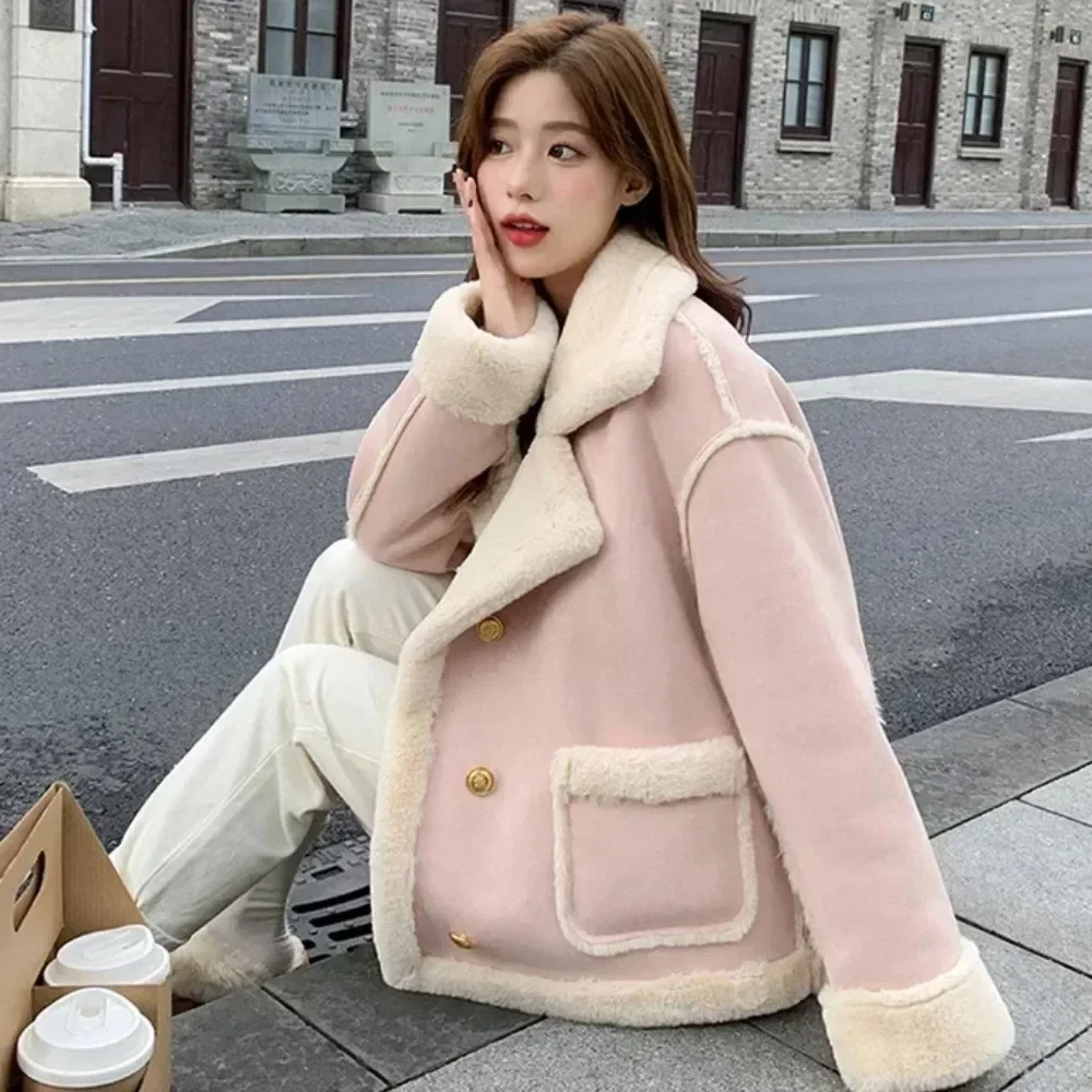 2024 Pink Sherpa Cashmere Jacket Ladies Short Winter Fur Solid Color Loose Stitching Long Sleeve Small Chinese Style Thick New