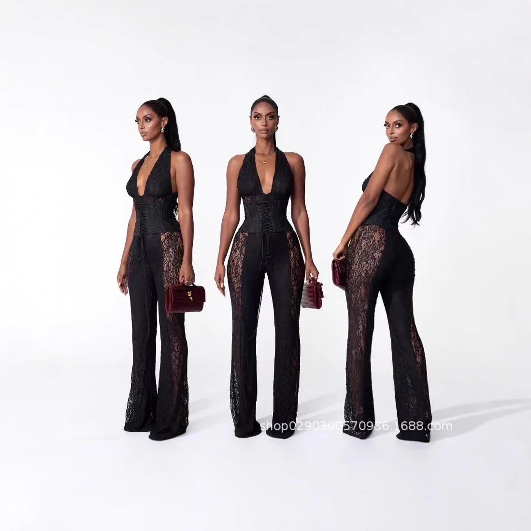 2025 New Temperament Neck Black V-neck Jumpsuit Stitching Lace Horn Trousers