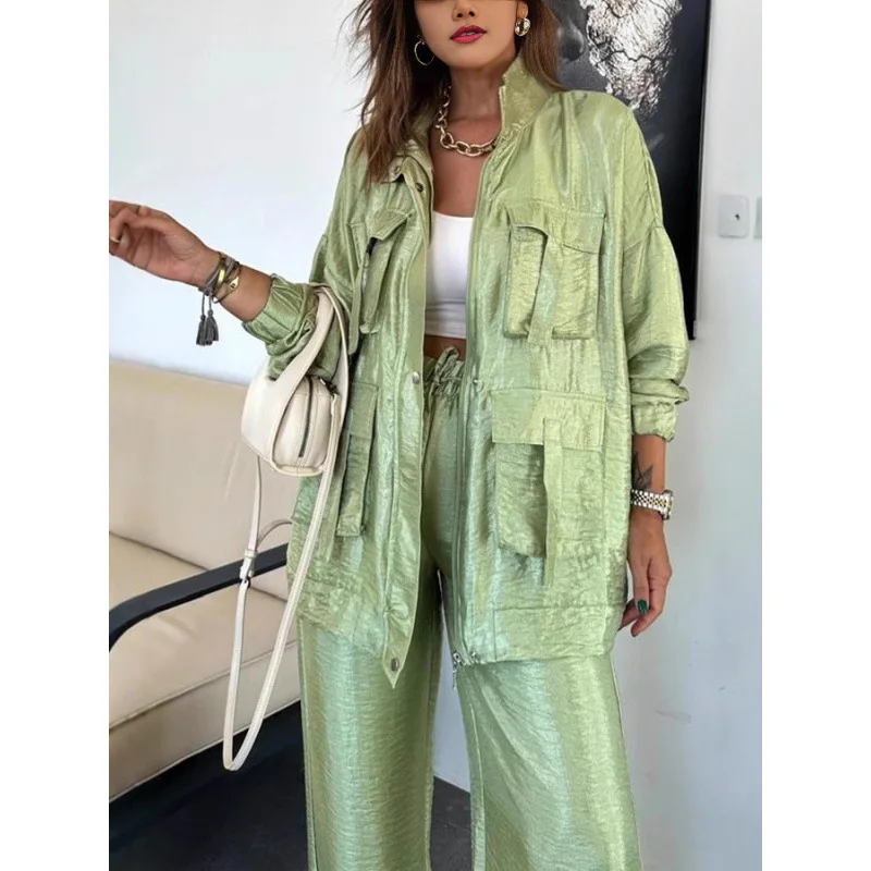 

Faionable Long Sve Pure Color Loose Women's Jaet And Pants Set Summer 2025 Two-Piece Suit Button Closure Long Pants