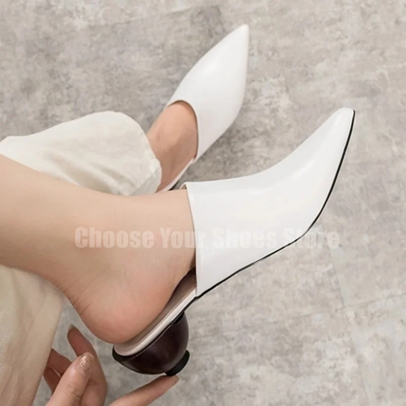 

Newest Pointed Toe Strange Heels Women Shoes Sexy Black Leather Slip-On Mules Fashion Single Shoes White