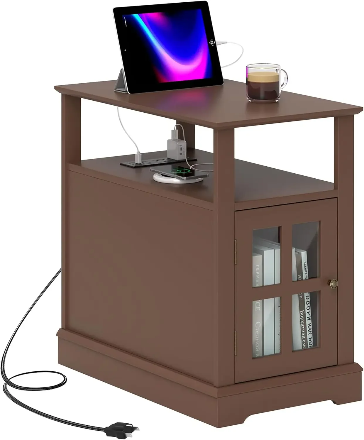 End Table with Charging Station, Narrow Side Table with USB Ports and Outlets, Small Table with Hidden Storage