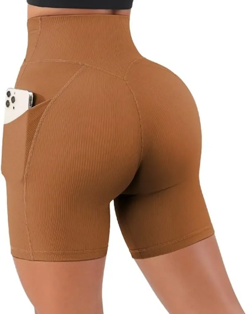 Pantalones cortos deportivos para mujer, pantalones cortos de yoga para entrenamiento cruzado con bolsillos, pantalones cortos de motociclista de cintura alta de 5"