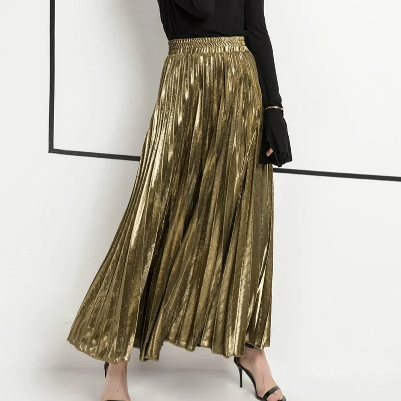 Metallic A-line Pleated Maxi Long Skirts Golden Silver Ankle Length Beach Skirt