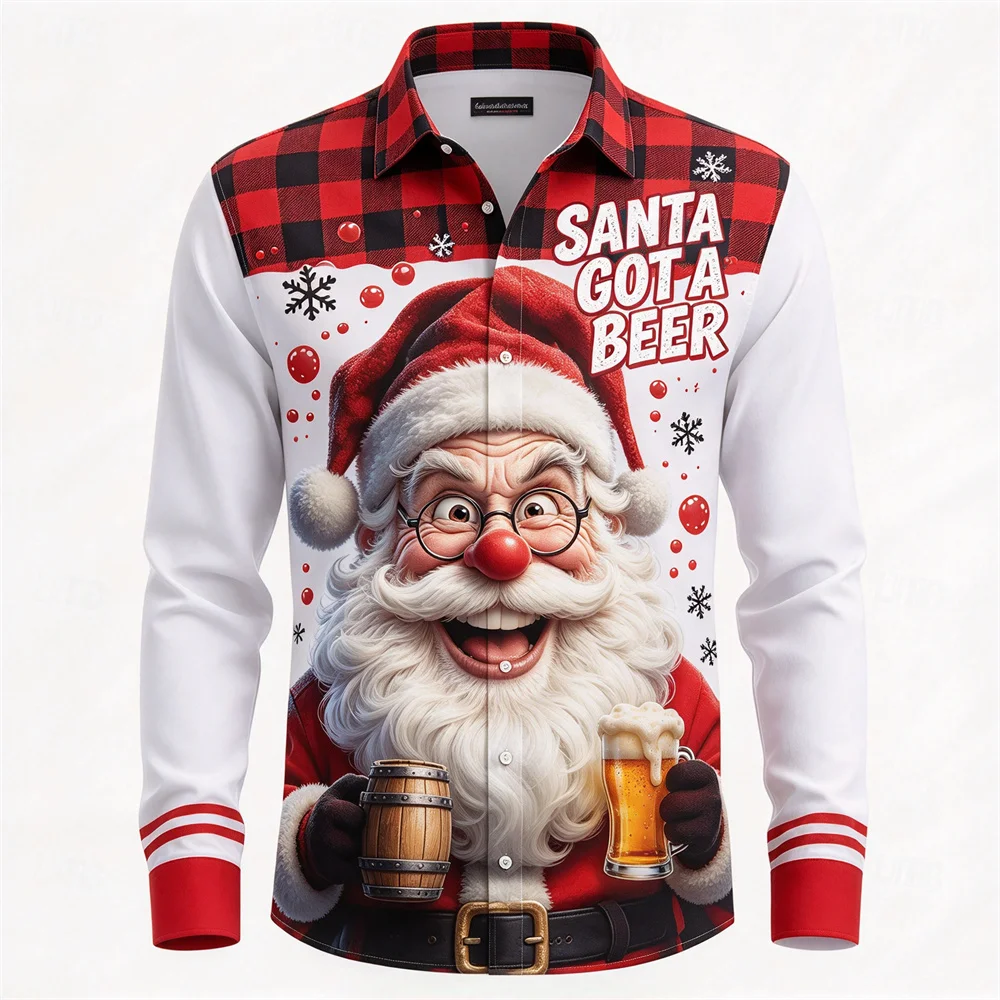 Xmas Men Lapel Button Shirt Funny Santa Claus Long Sleeve Shirts Autumn Winter Casual Ugly Christmas Party Outfit Holiday Gifts