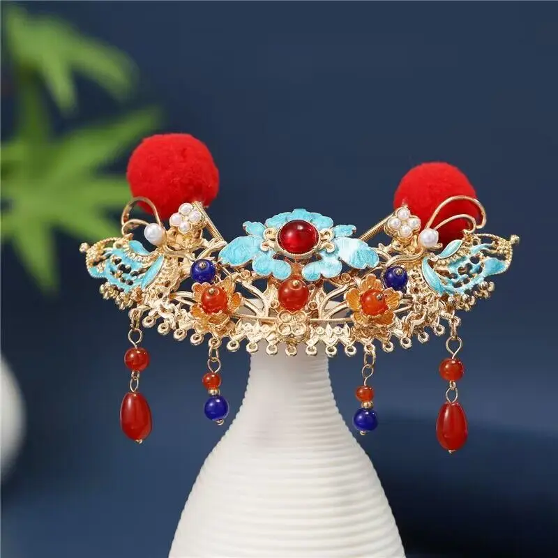 Womens Metal Blue Flower With Red Ball Hairpin Chinese Hanfu Headdress