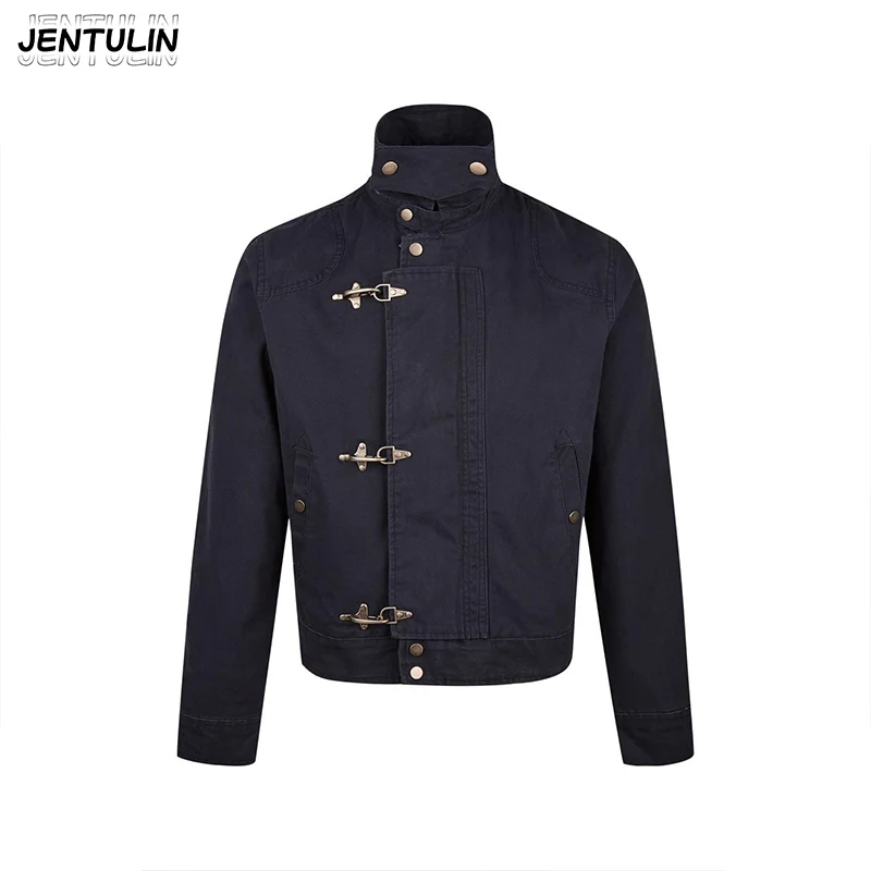 Mens Jacket Harajuku American Vintage Streetwear Buckle Short Workwear Coat Stand Collar Loose Fit Unisex Spring Autumn Clothes