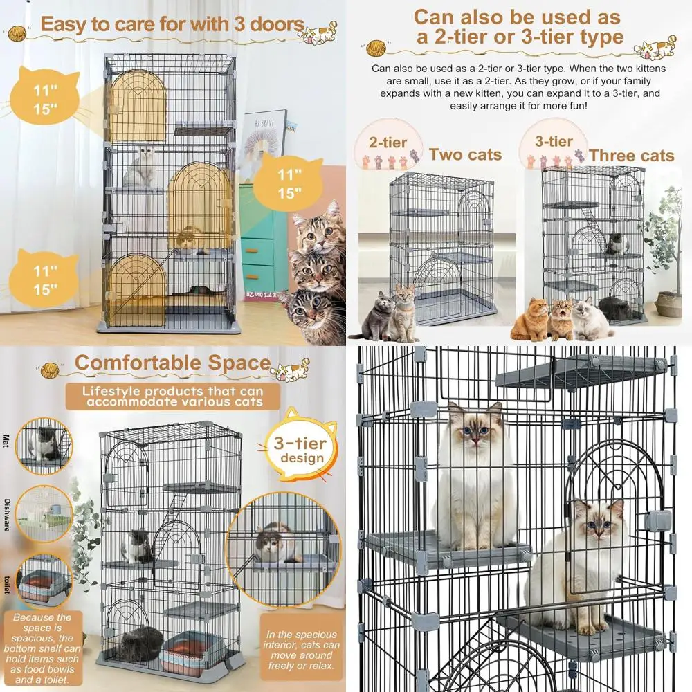 

3-х уровневый комнатный кошачий корпус — широкое дно, усиленные замки, манеж «сделай сам» для 2-3 кошек, 30x20x52,5 серый