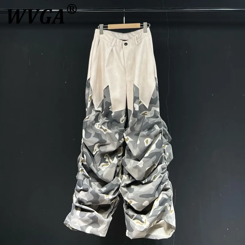 

WVGA Spring Autumn New Man Tide Original Design Camouflage Patchwork Trendy PU Leather Niche Chic Casual Flared Pants Ins W11814