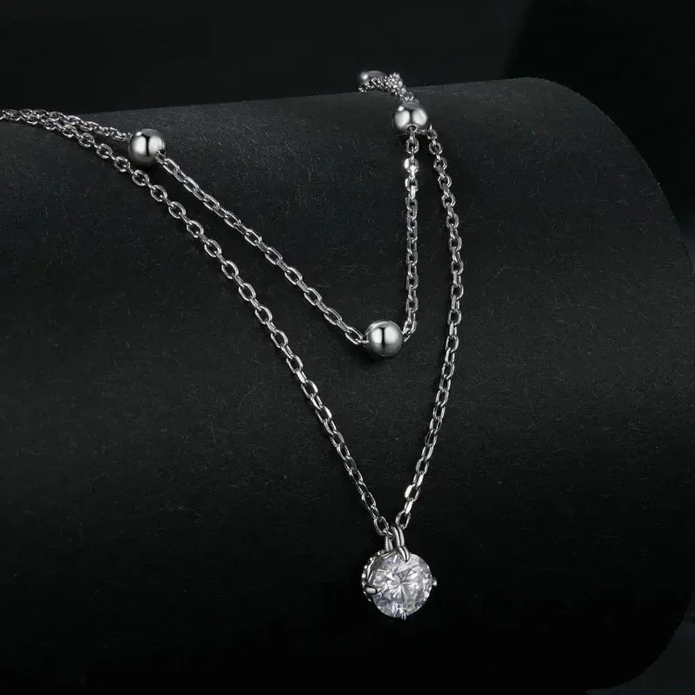 FEOBUR Collana a strati con ciondolo Moissanite certificato da 5 mm in argento sterling 925 per donna Gioielli da festa con catena a clavicola a doppio strato