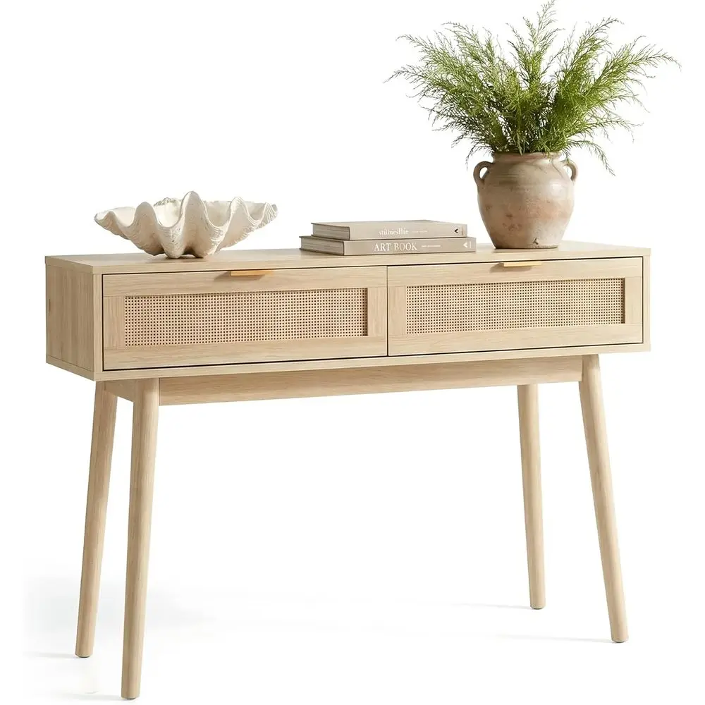 

Rattan Desk with Drawers, Slim Pine Leg Table for Entryway, Hallway, and Living Room, 39 Natural Rustic Style