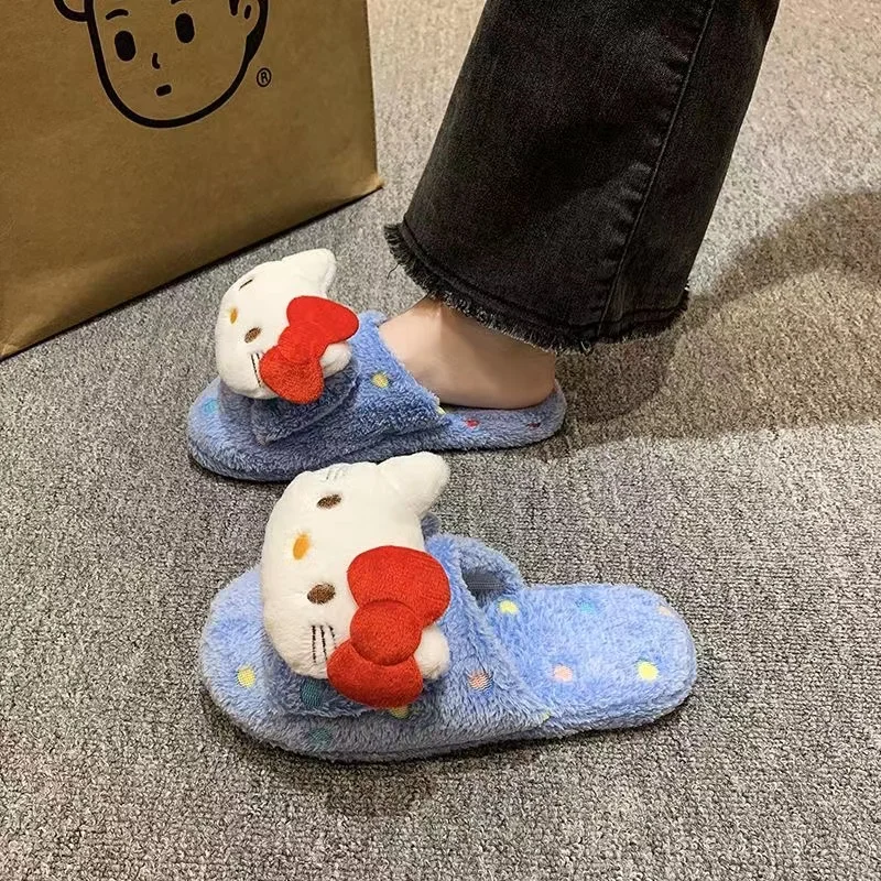 

really pictures 2025 new autumn winter hello kitty red bow drop shipping blue ivory plus big size warm women's slippers