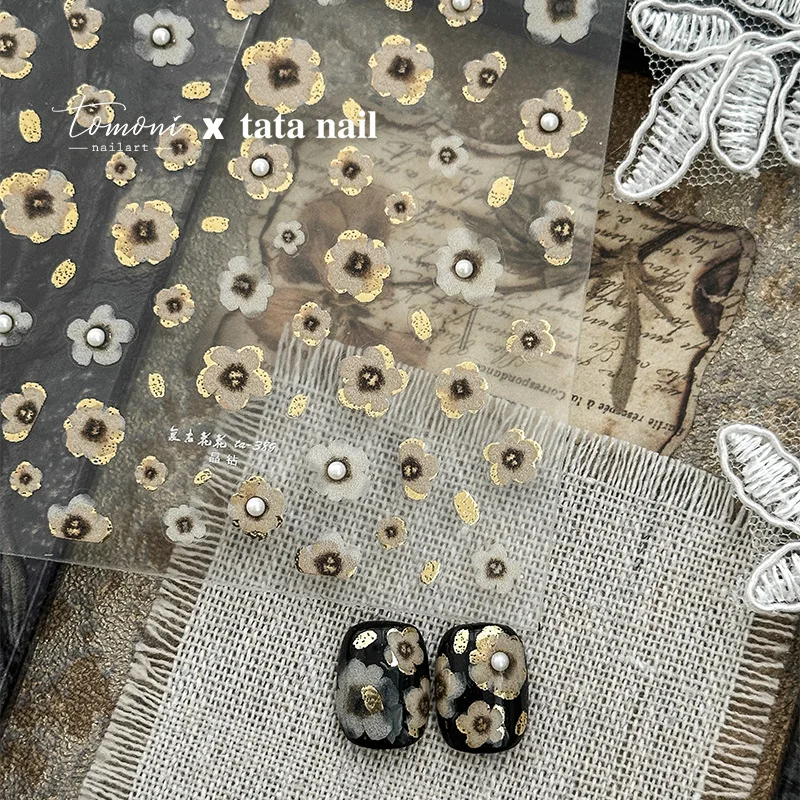 Retro Flowers 5D Nail Stickers Petal Pearl Rhinestones Halo Dyeing Chic Daisy Gold Foil Floral Nail Art Stickers Manicure Decals