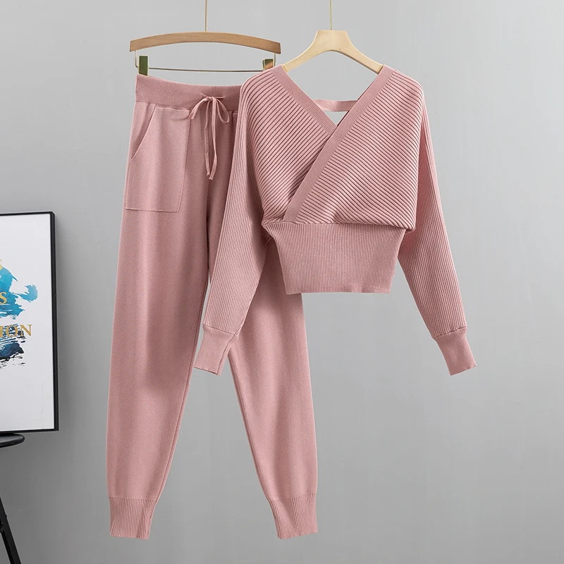 Elegant trainingspak sexy tweedelige set dames Koreaanse stijl geribbelde gebreide backless top en lange harembroek pak herfstoutfits y2k