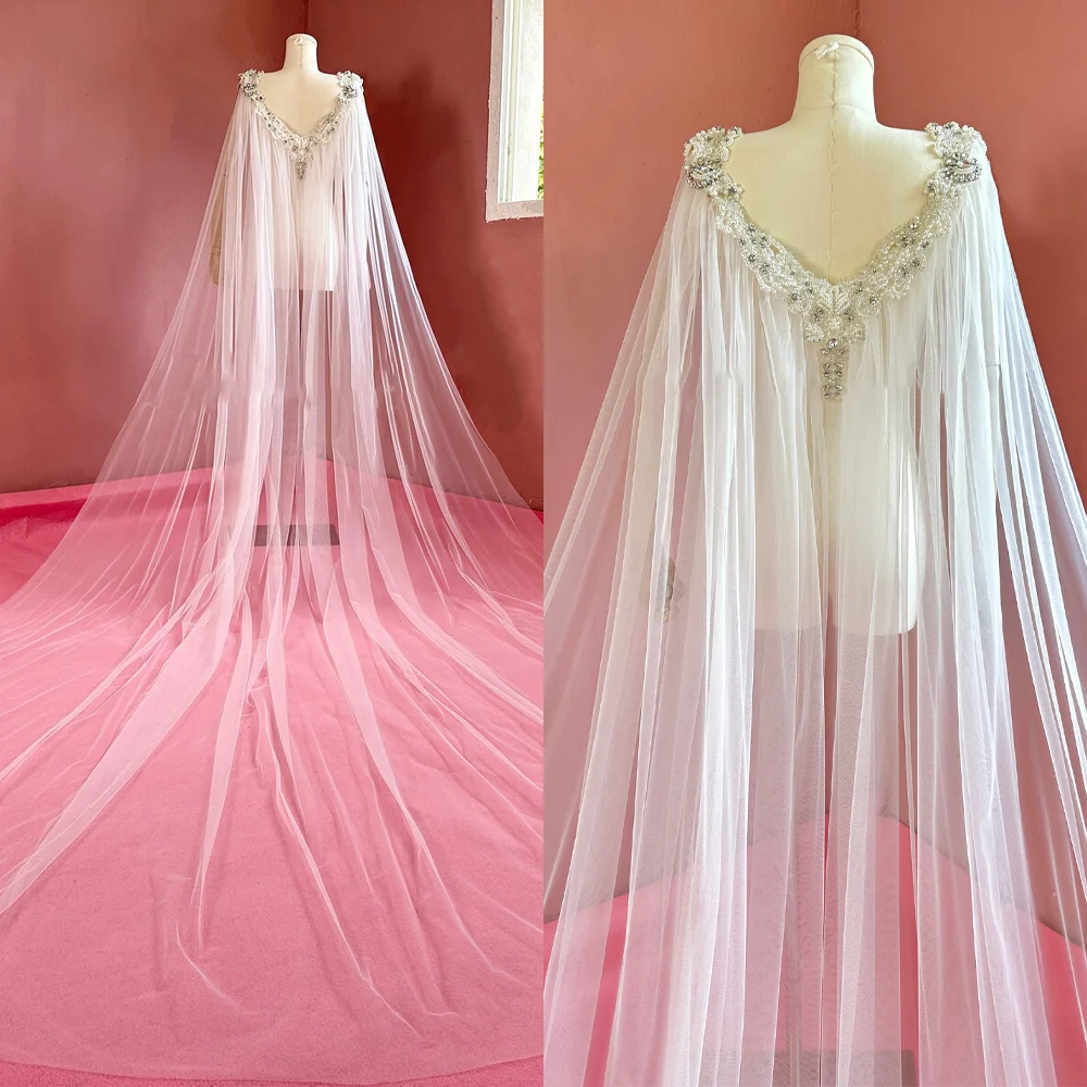 

Fashion Bridal Wedding Cape Jacket Pearls Rhinestone Beading Wraps White Ivory Outsize Lace Up Bride Accessories Jackets