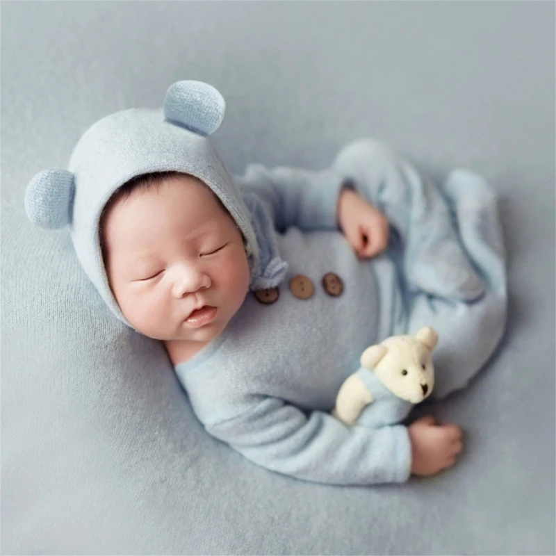 3Pcs/Set Newborn Baby Photography Clothing Set Solid Color Overalls Knit Bear Romper Jumpsuit Hat Bear Doll Photo Props Costume