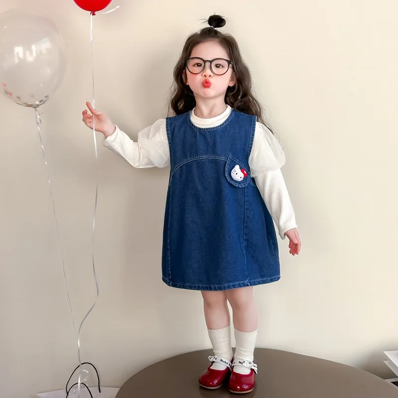 الفتيات الدنيم تنورة دعوى سانريو ربيع 2025 مرحبا كيتي ملابس الأطفال العصرية طفلة القط ربيع الخريف قطعتين مجموعة #5