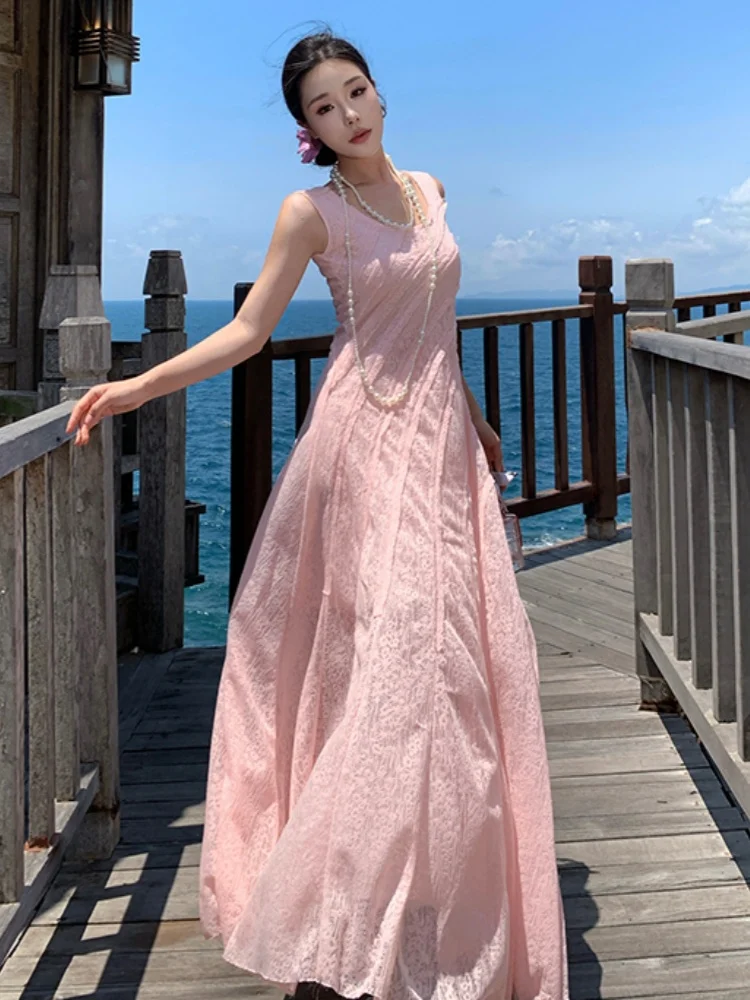 SMTHMA 새 여름 우아한 세련된 핑크 레이스 드레스 여성 한국어 레트로 Vestidos 패션 민소매 오-넥 비치 파티 롱 드레스