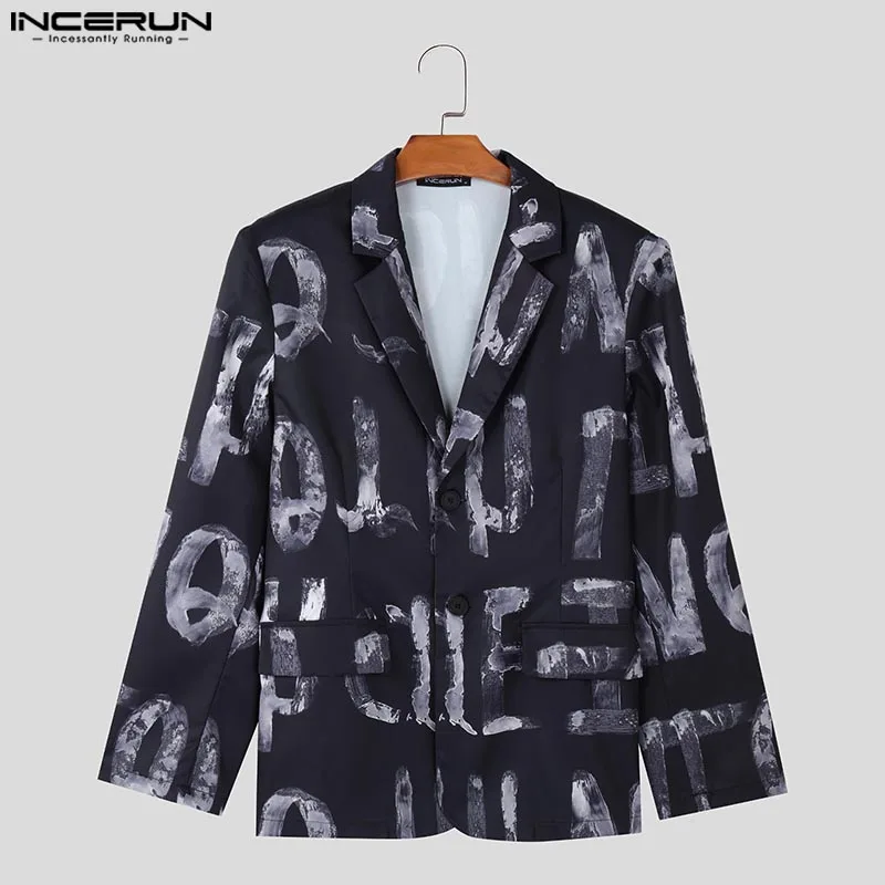 Incerun manga longa solta simples aberto jaquetas masculino artístico desenhado à mão carta design blazer casual lapela colarinho ternos de impressão