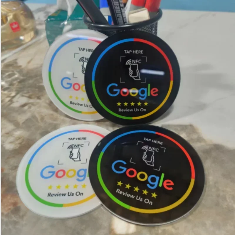 13.56MHz Programmable Acrylicl with Self-adhesive Backing NFC Table Sticker Diameter 10CM Google Reviews NFC Sticker NFC 215