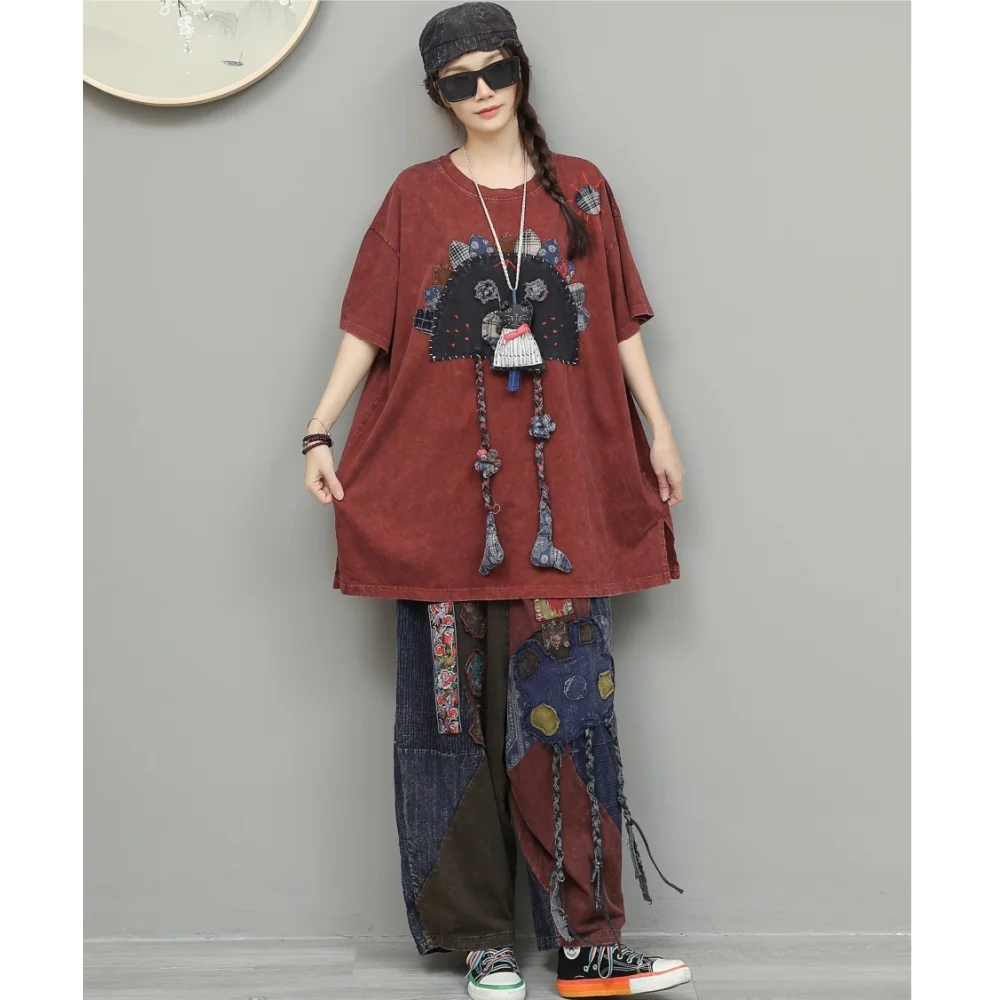 

Hand-embroidered Mid-length T-shirt + Loose Old-fabric Patchwork Long Pants Two-piece Set Women 2026 Summer Suit XY110