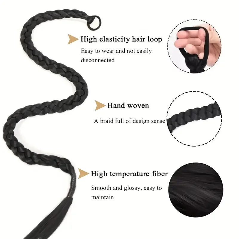 Extensión de cola de caballo sintética larga y lacia con trenza, elástico de goma, clip, postizo negro para mujer, uso diario 3