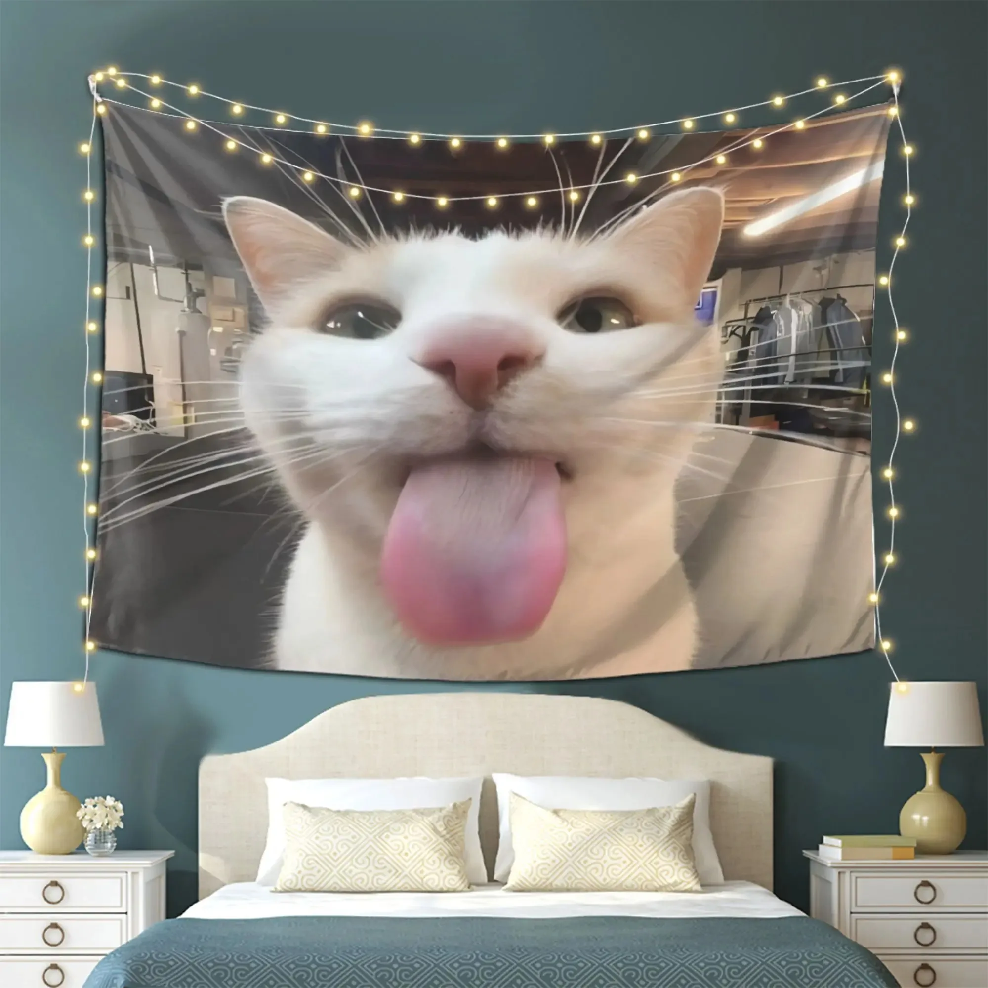 Lustiger Katzen-Selfie-Wandbehang - Niedlicher Katzen-Wandteppich mit herausgestreckter Zunge für Schlafzimmer, Wohnheim, Wohnzimmer-Dekoration, Ästhetische Raumdekoration, Lustiges G