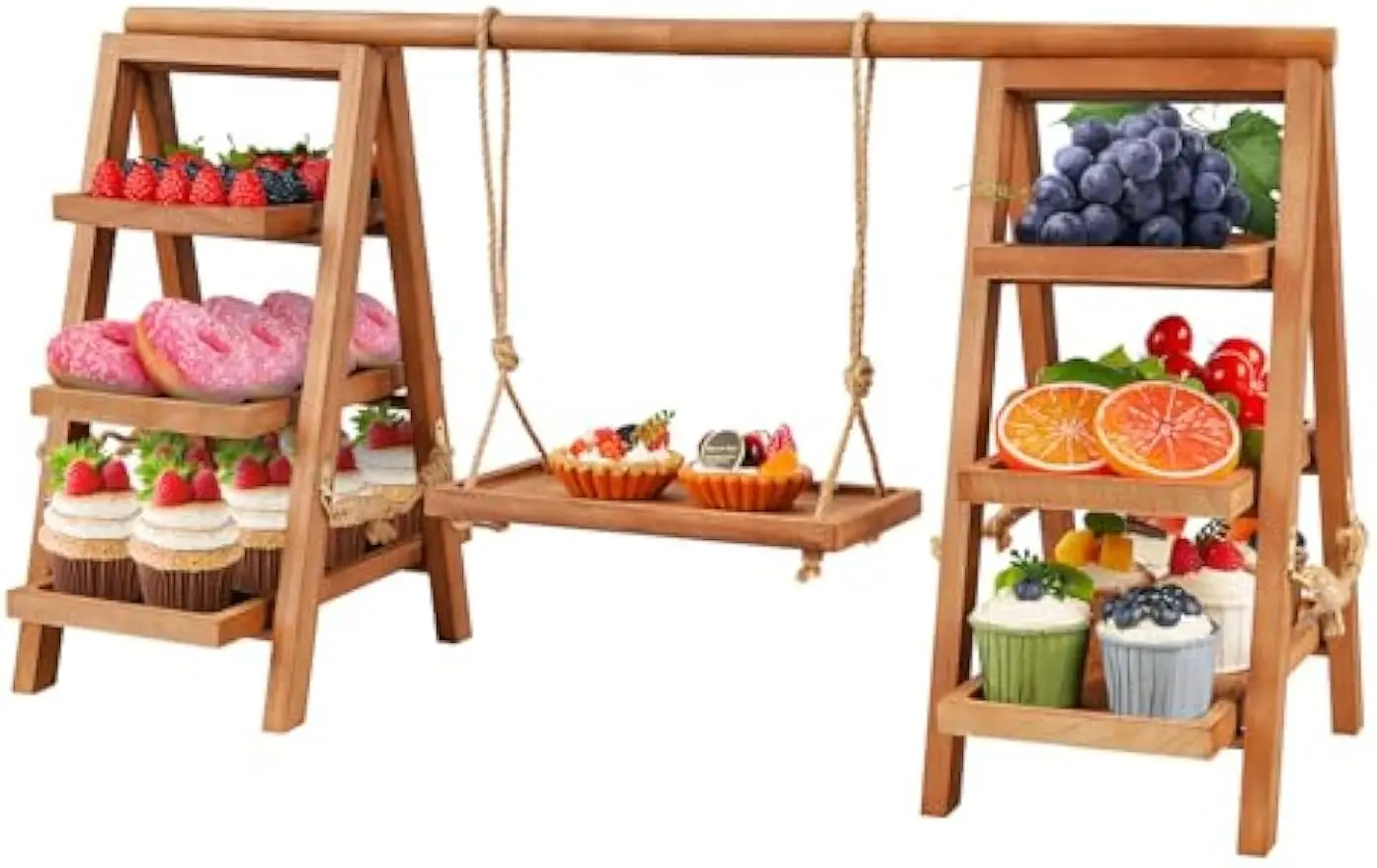 

3-х уровневая деревянная подставка для кексов с сервировочным подносом, складная для вечеринок, свадеб, мероприятий - коричневый